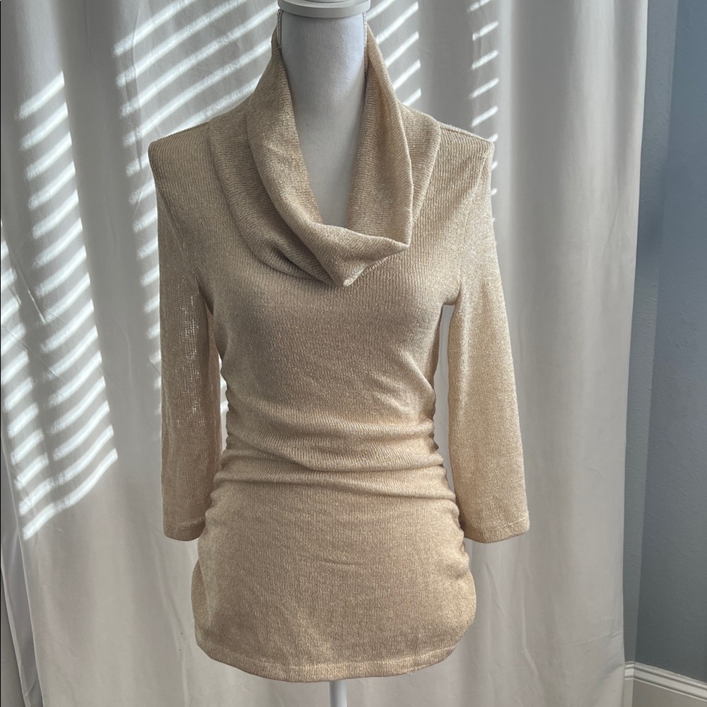 Cowl Neck Knit Sweater Top in Shimmer Gold Beige